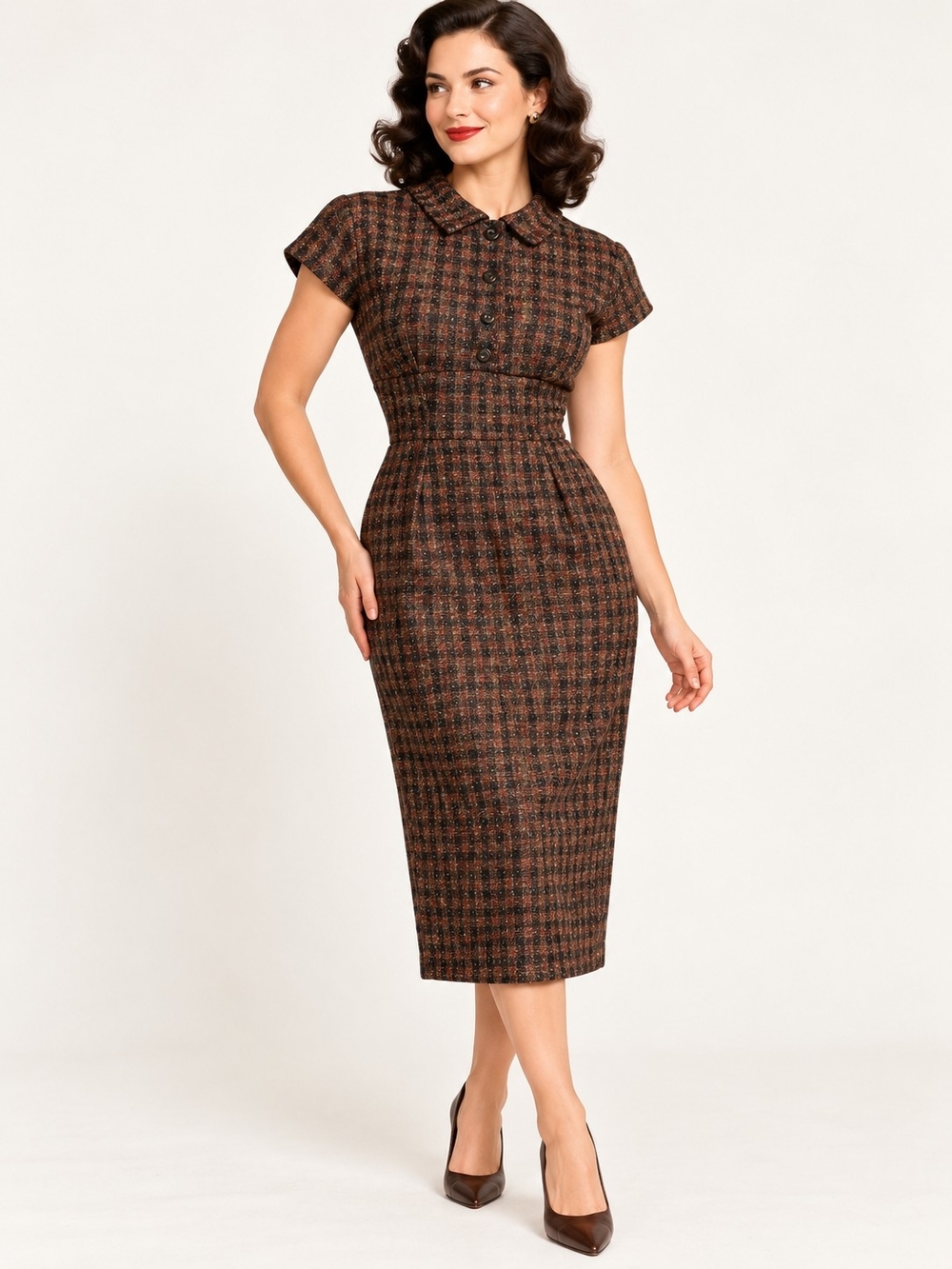 Vintage 1950s Handmade Brown Plaid Wool Wiggle Sheath Dress Dark Academia Retro